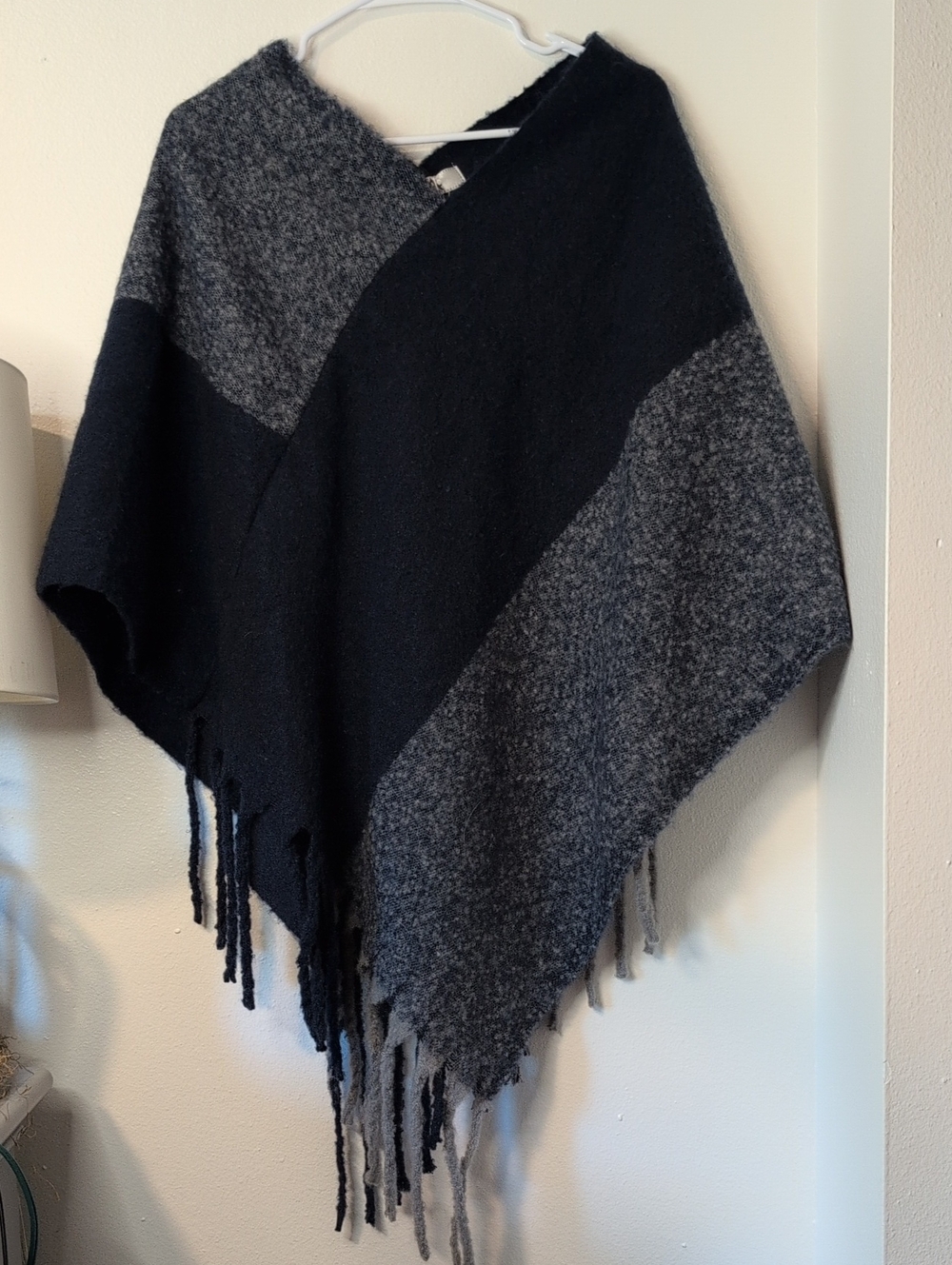 NWT Cozy Black and Charcoal Fringe Poncho